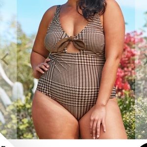 NWT CUPSHE 2X Brown/Tan Bow Knot Houndstooth /Plaid One Piece Swimsuit